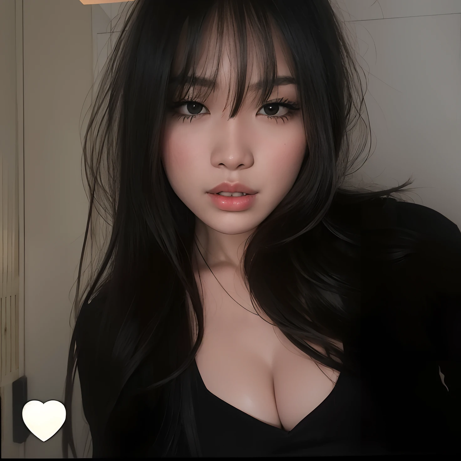 there is a woman with long hair and a black top, Asian girl, 🤤 retrato da menina, Ela tem cabelo preto com franja, she's facing the camera, a young asian woman, an Asian woman, Asian face, sexy look at the camera, asian female, young cute wan asian face, young asian girl, Asian girl with long hair, com franja