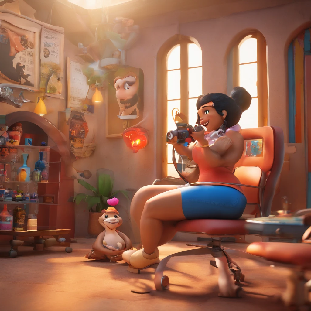 create a 3D movie poster inspired by Disney Pixar, The scene should be in Pixar's signature digital art style, com uma imagem caricatural que lembra a cantora brasileira "Anita" in the prone position, Wearing a bikini while a tattoo artist is sitting tattooing with a giant ring on one hand, inside a tattoo parlor.