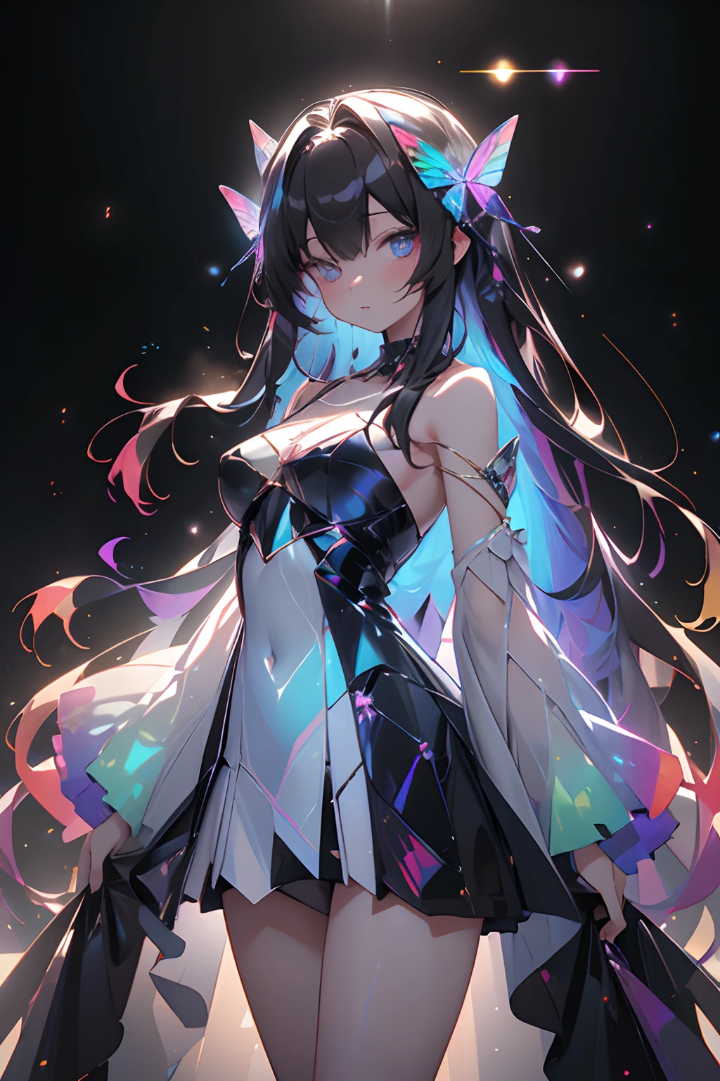 masterpiece, best quality,highres, 1 woman, adult, long hair. look_at_viewer, tall, perfect stature, liuli, bangs, chromatic dispersion, tansparent_plastic, Polychromatic prism effect, iridescence/opalescence, glowing colors, aluminum foil, Glowing ambiance,, moonlight, stars in the eyes, butterfly style, iridescence, coloured glaze, Polychromatic prism effect, rainbowcore, iridescence/opalescence, glowing ambiance, beautiful dress