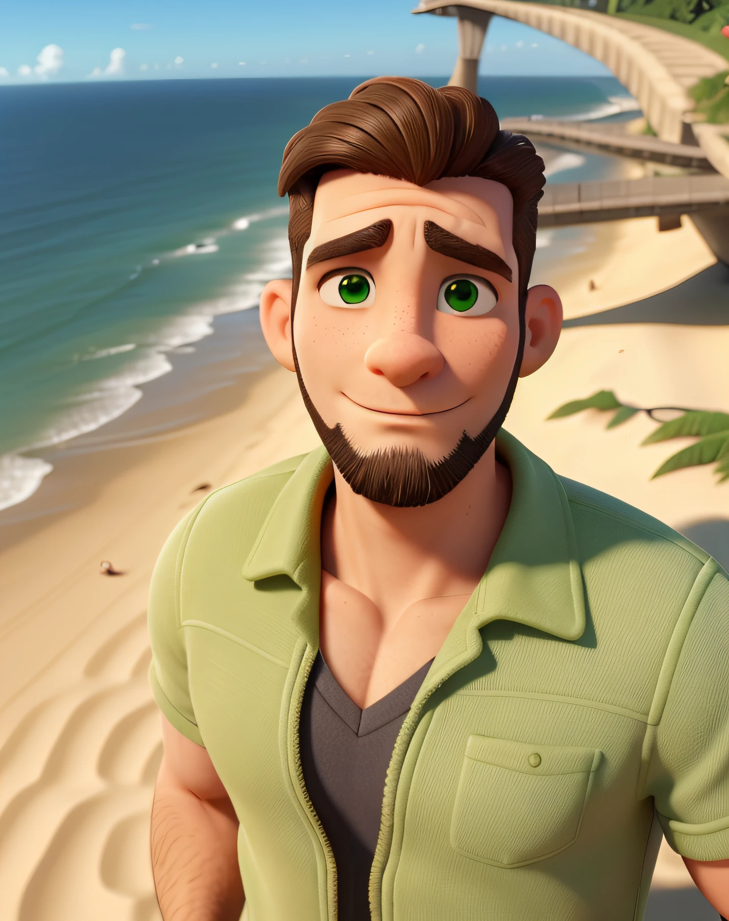homem de de 35 anos , olhos verdes cabelo cortado loiro, de 1,85 de altura e 86 de peso de cavanhaque bem feitinho com um drone dji mini 2 vooando sobre uma colina mostrando a praia.