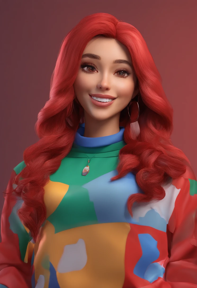 Mulher idosa sorrindo de cabelo preto, red sweater, olhos azuis,