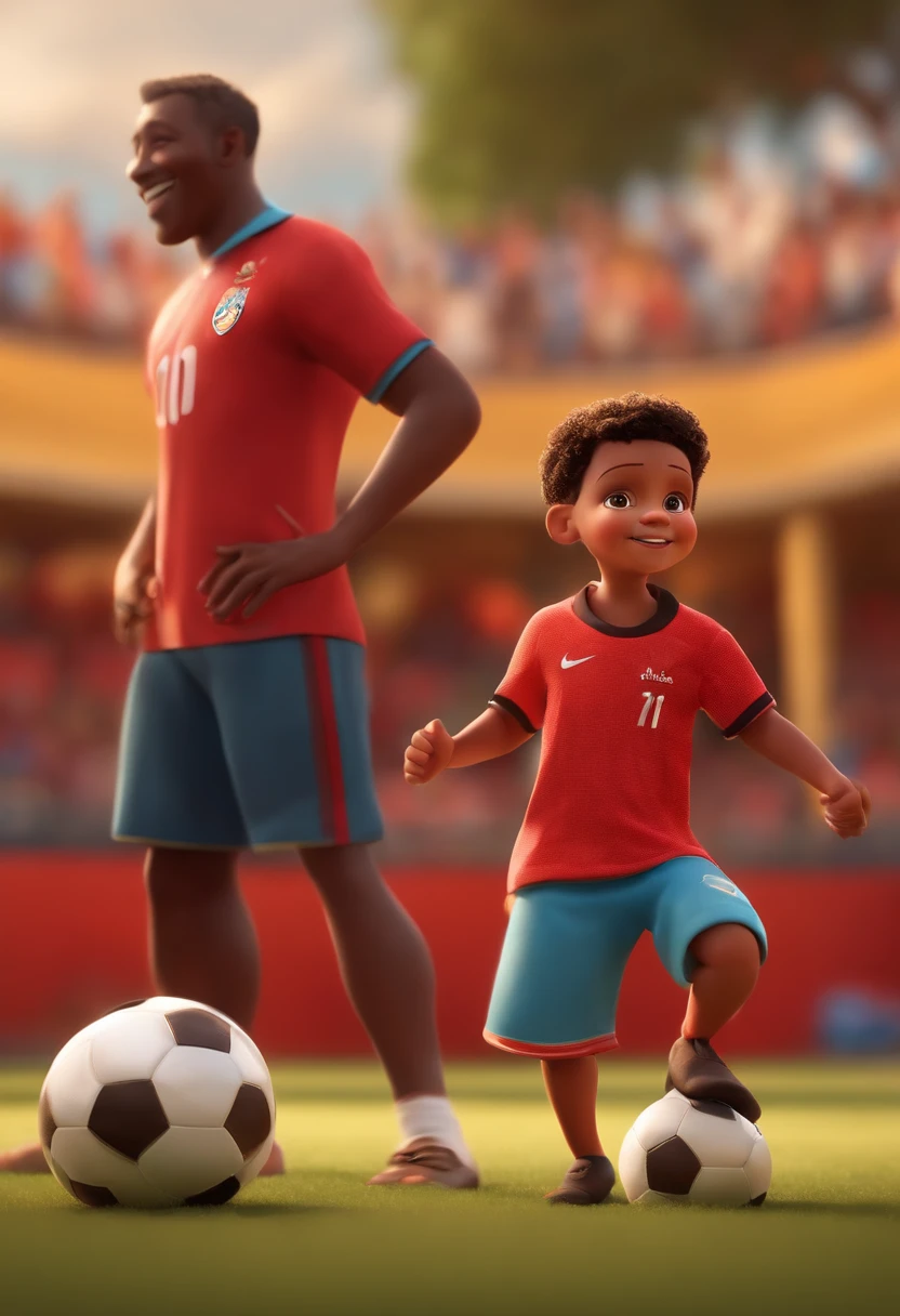 Make a Pixar-style image of a boy with his father playing football with the Flamengo shirt, And the mother clapping and cheering