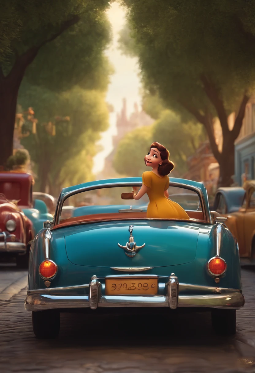 Make a man, adulto, careca, she is happy, como Disney Cartoon, na frente da sua loja de carros, Pixar, ..3d, Disney