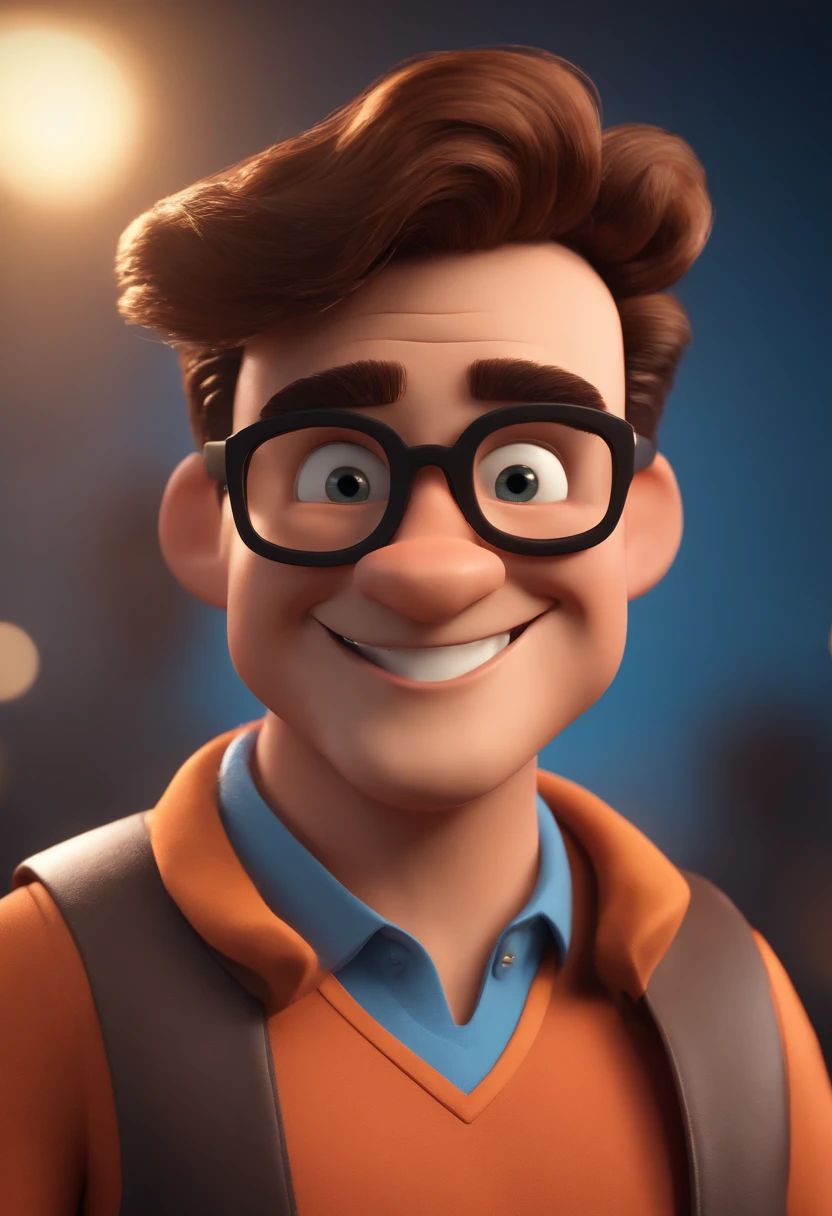 Cartoon character of a man with black glasses and a blue shirt, Smiling with Tattoo Animation Character, Caractere estilizado, animation style rendering, 3D estilizado, Arnold Maya render, 3 d render stylized, toon render keyshot, Personagem 3D, Personagem 3D, 3d rendering stylized, 3 d character render, personagem de desenho animado, Personagem de close up, Pose de personagem, (Estilo Pixar) (master part:1.2) (Bokeh) (best quality) (pele detalhada) (textura detalhada) (8k) (argila) (Cinematic lighting) (foco nítido