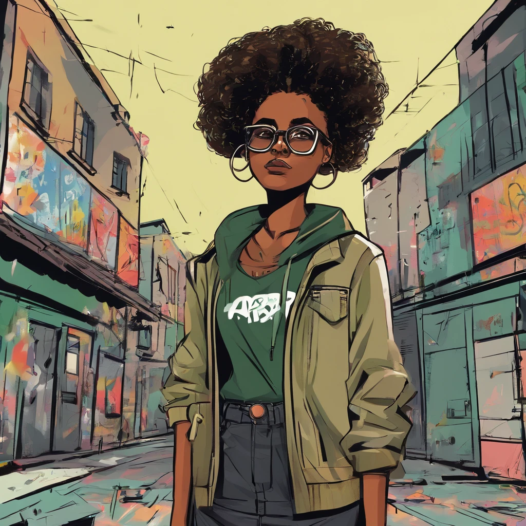 Dark-skinned age girl wearing medium-rimmed glasses, usava um descompactado, jaqueta verde brilhante com uma aba de bolso fechada em cada lado. Camisa preta de grife, e um colar de cruz. Urban streets with graffiti on walls, desvanecimento hi-top, penteado flat top, corte de cabelo desbotado, sorridente.