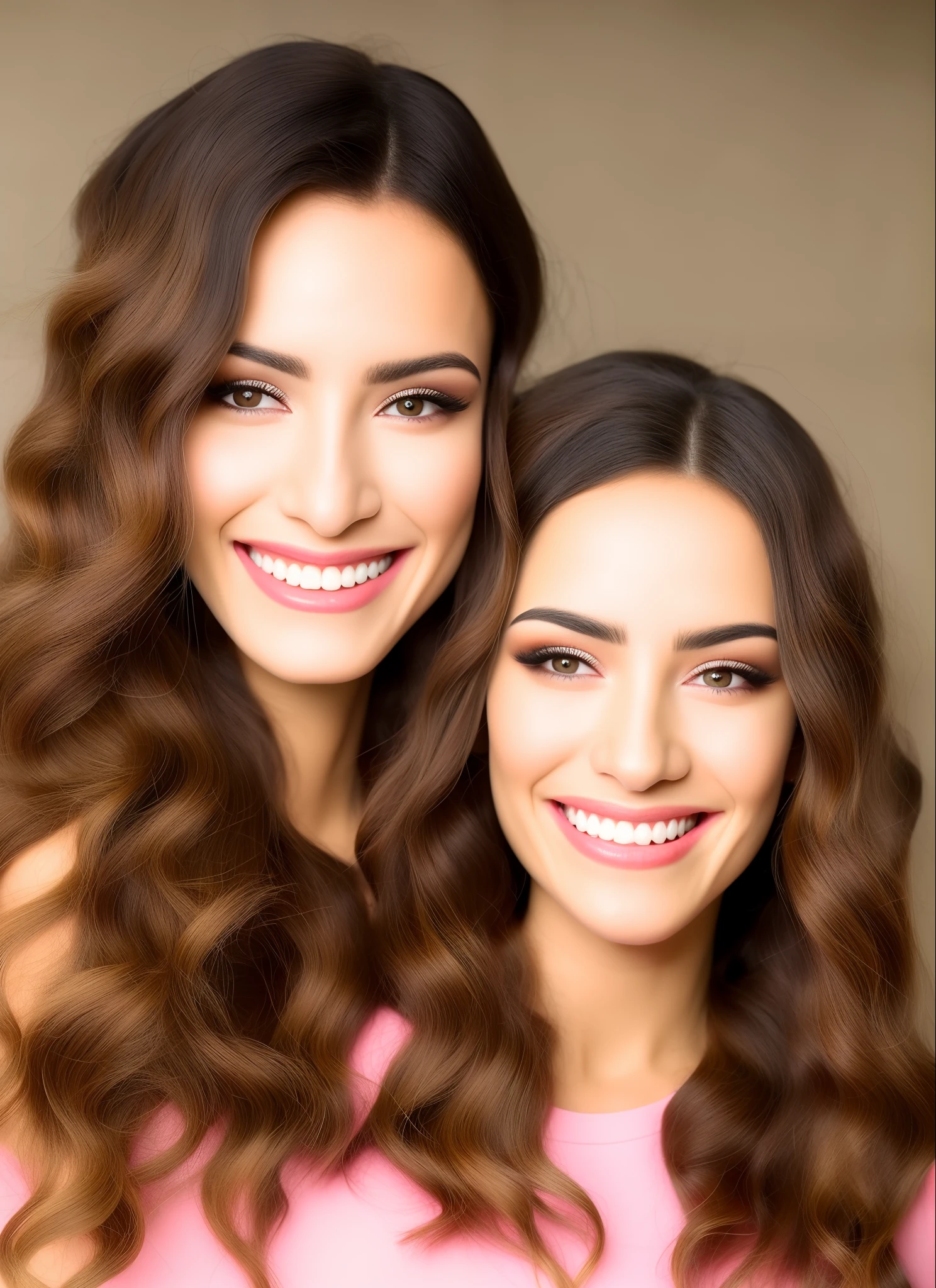 MOca de rosto fino com cabelo encaracolado, queixo fino, voca pequena e fina, pele parda, cabelo castanho escuro, blusa creme com rosa claro e amarelo lima, ambiente claro e sorriso alegre