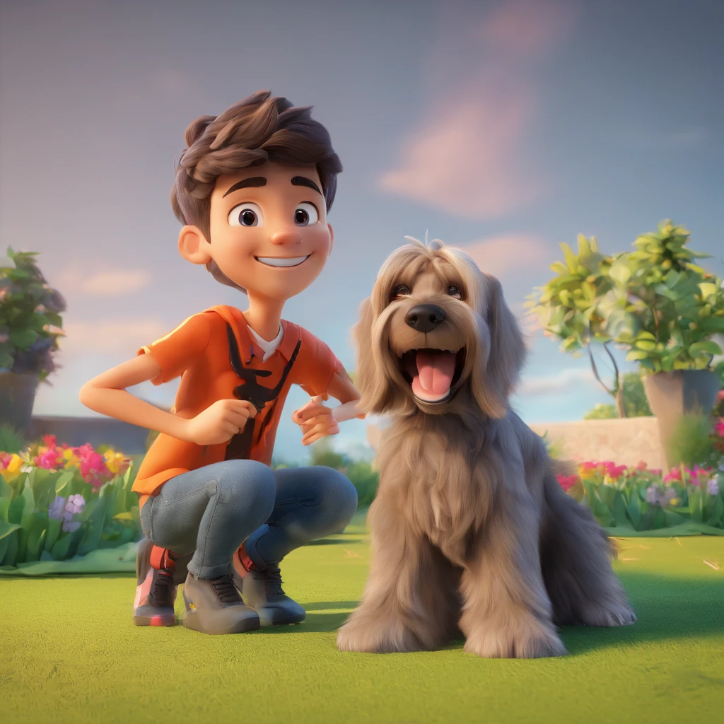 Lucas is a smiling 15-year-old human boy, com seu fiel amigo, Bolt, o cachorro schnauzer, deitados no jardim