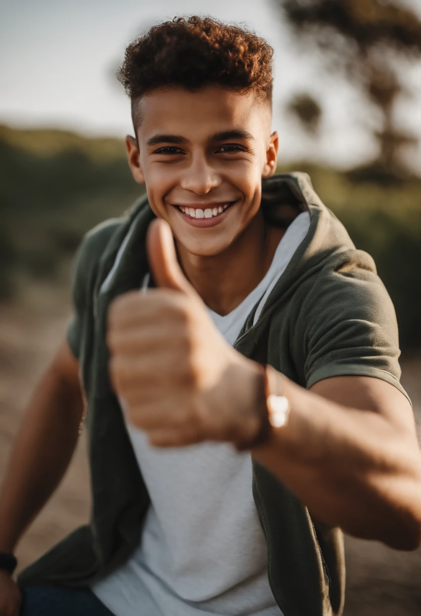 There's a boy wearing a hoodie giving a thumbs up, giving a thumbs up to the camera, dando os polegares para cima, dando um polegar para cima, Aprovado, Reyyan, Riyahd Cassiem, happily smiling at the camera, fazendo um polegar para cima, garoto chamado dedo, sorriso muito grande, polegar para cima, pequeno sorriso largo, bochechas grandes!