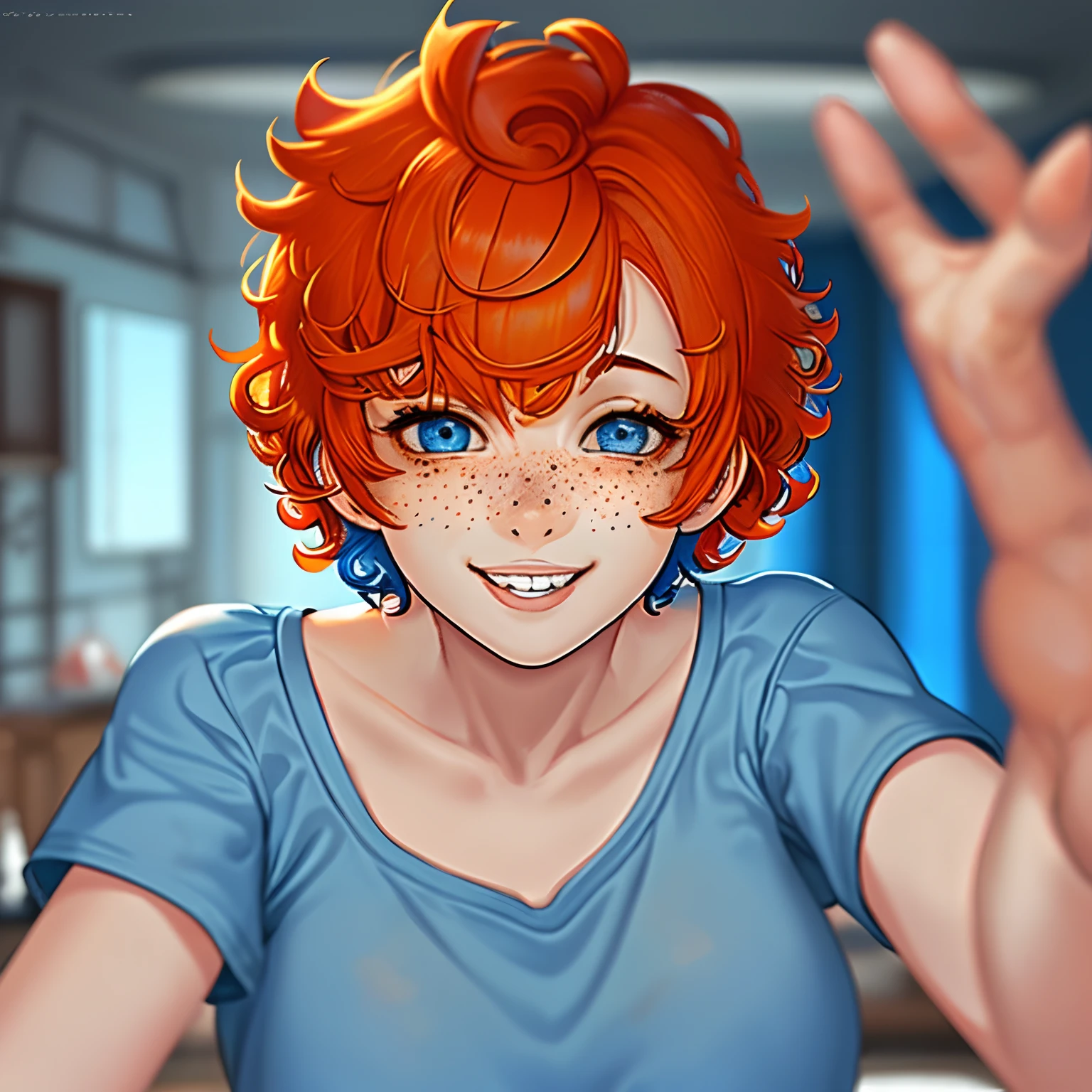1adult woman, (adult teen), solo, cheerful smile, looking at viewer, blue shirt, blue clean background, upper body, (Curly-haired girl joyfully), (orange hair), blurry, (short hair), freckles, bangs, teeth, parted lips, blue eyes, orange hair, short t-shir...