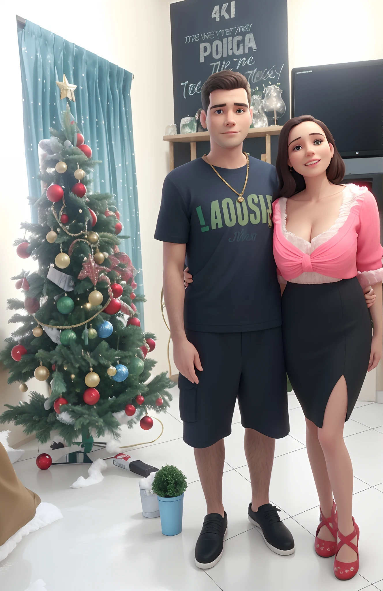 There are two people next to a Christmas tree in a room, 4 k post, Postagem 4k, Directed by: Nandor Soldier, Simon Hollosy, Malika Favre, 3 5 year brazilian mother, ástor alexander, par, imagem de perfil, 1614572159, Lovely couple, Lola Dupre