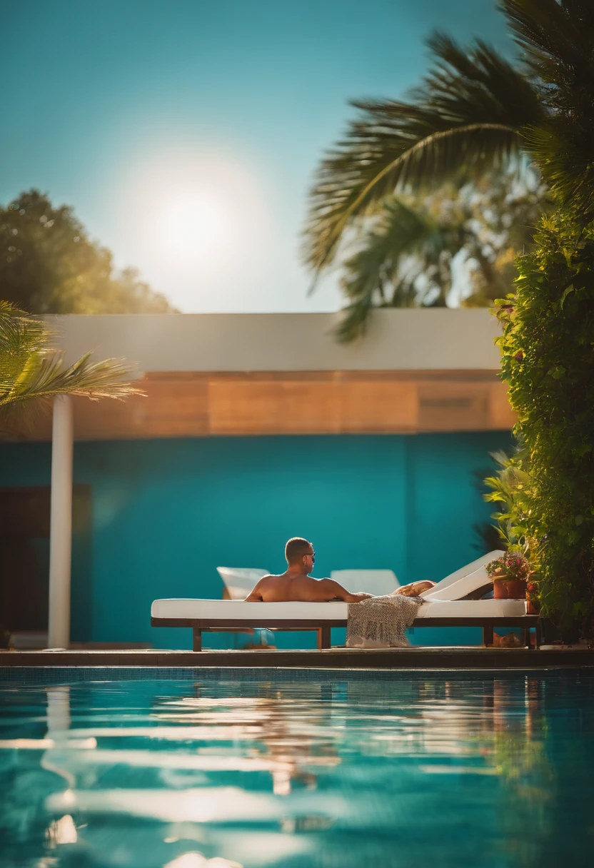 Jovem na piscina pegando sol