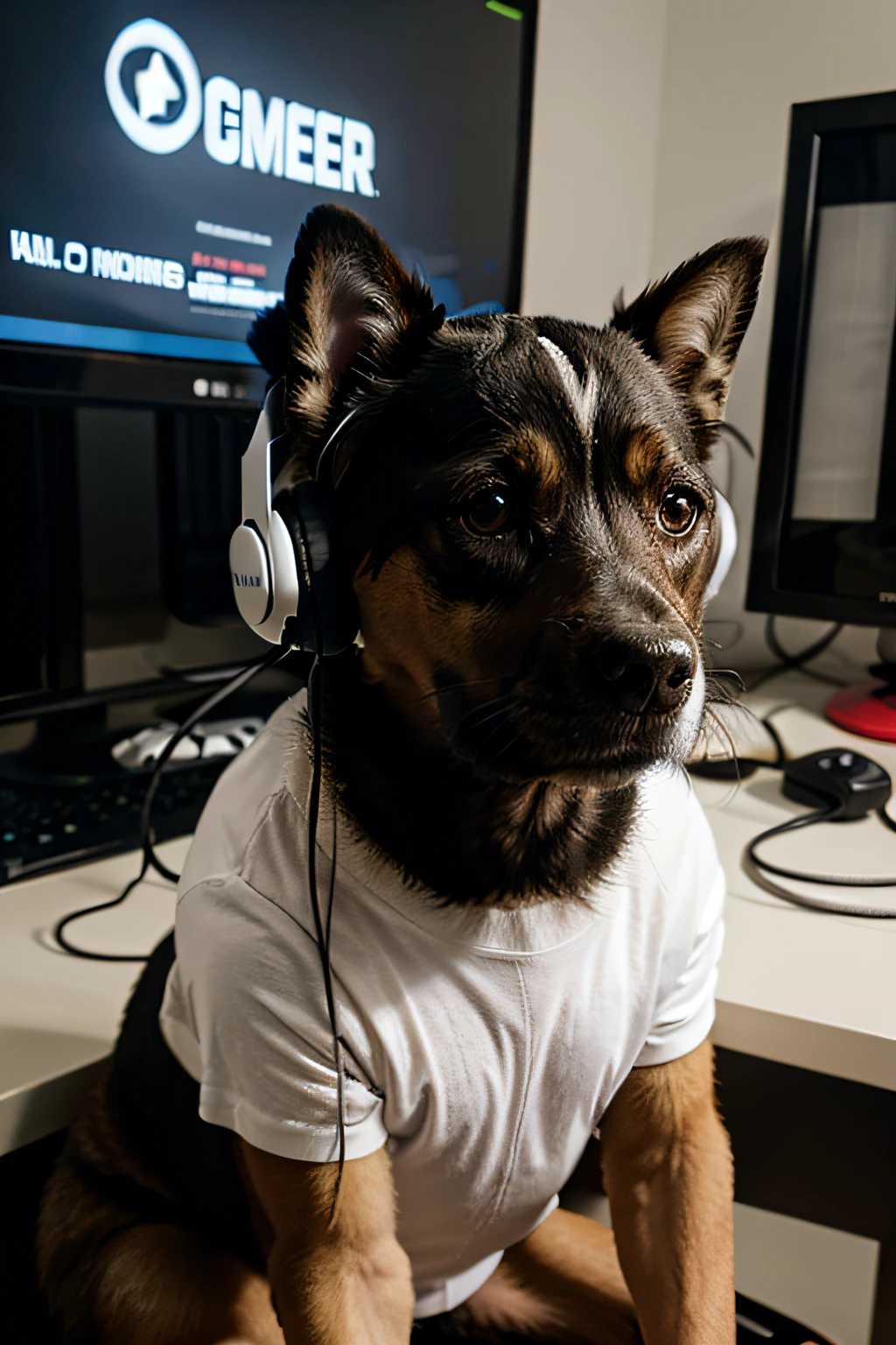 pisher dog with gamer headset playing