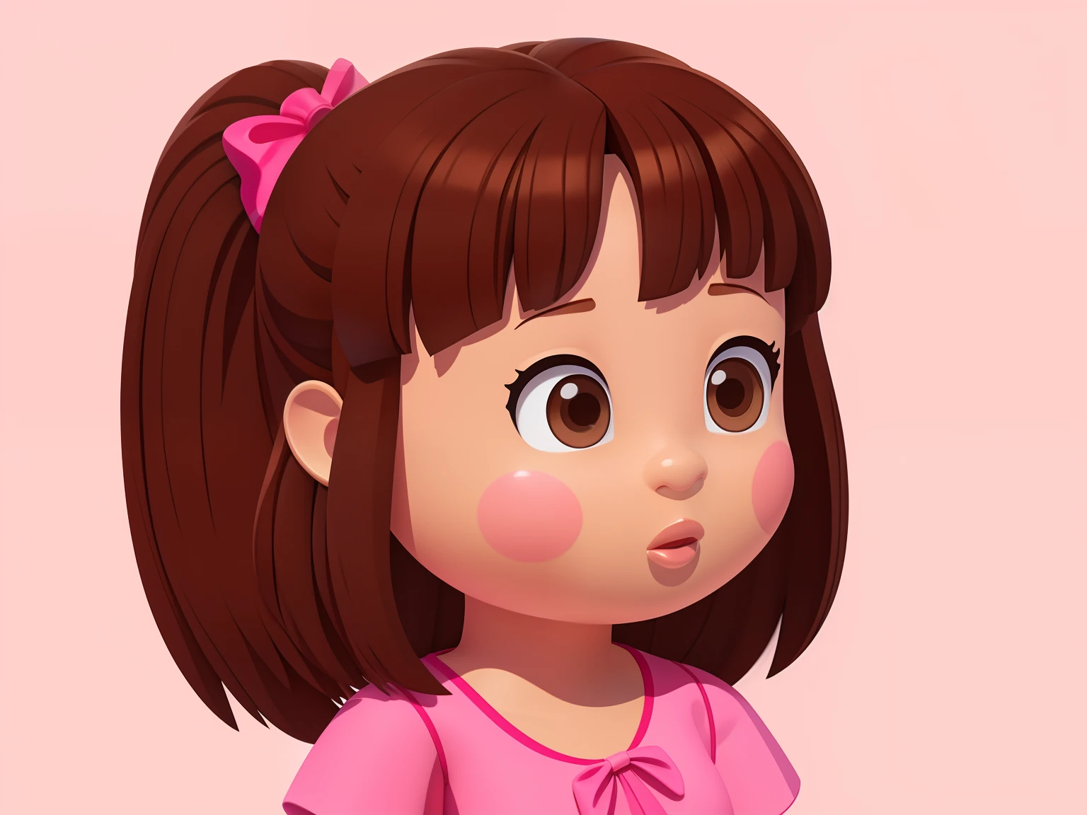 Profile image of a 5 girl blowing a feather in the air, with brown hair, brown eyes, lips with a puffy expression, pink cheeks, clean background, pink clothes, white gloves, pink shoes, style 3D children's illustration.