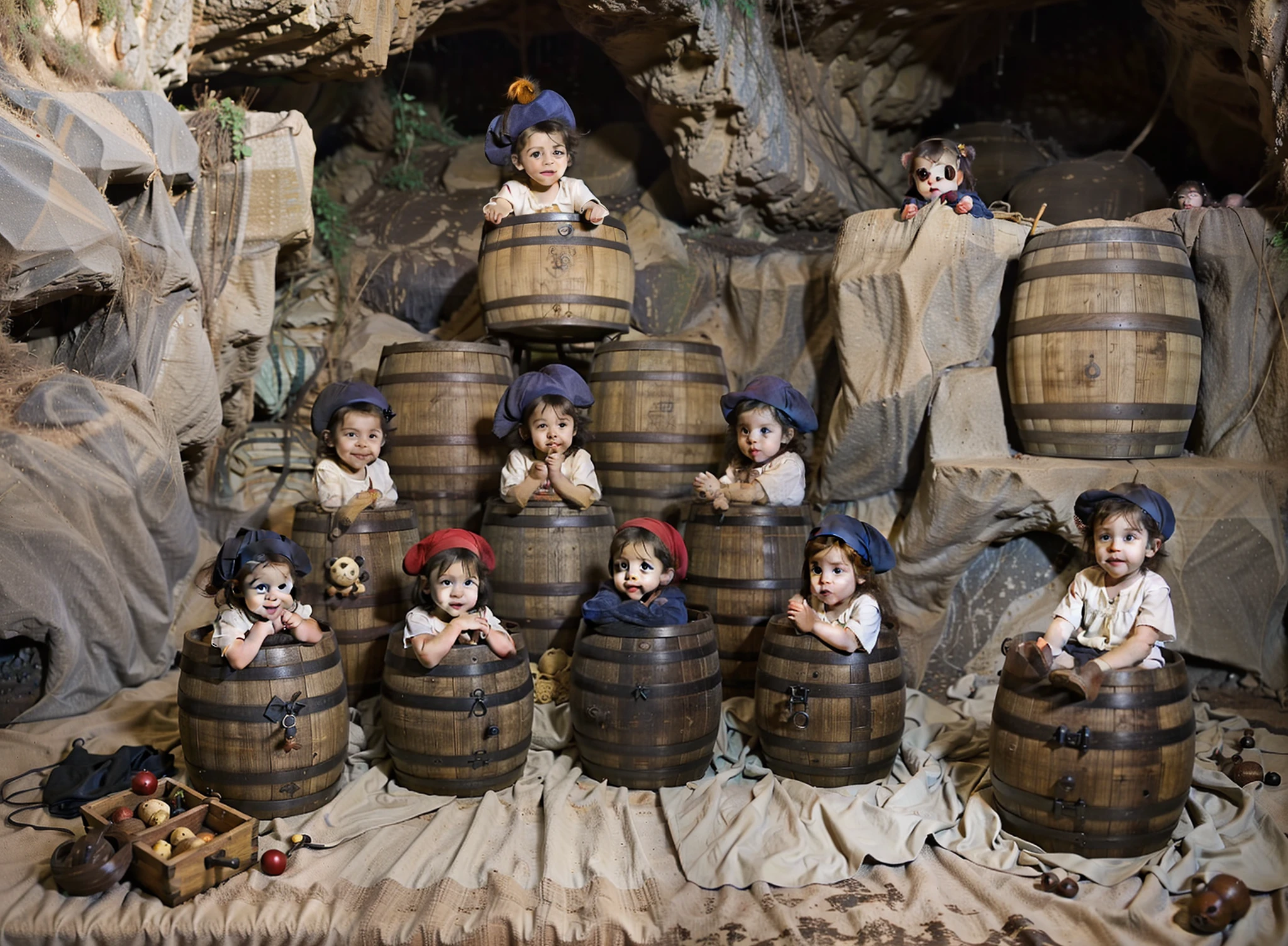 babies inside a barrel in a dark pirate cave low light