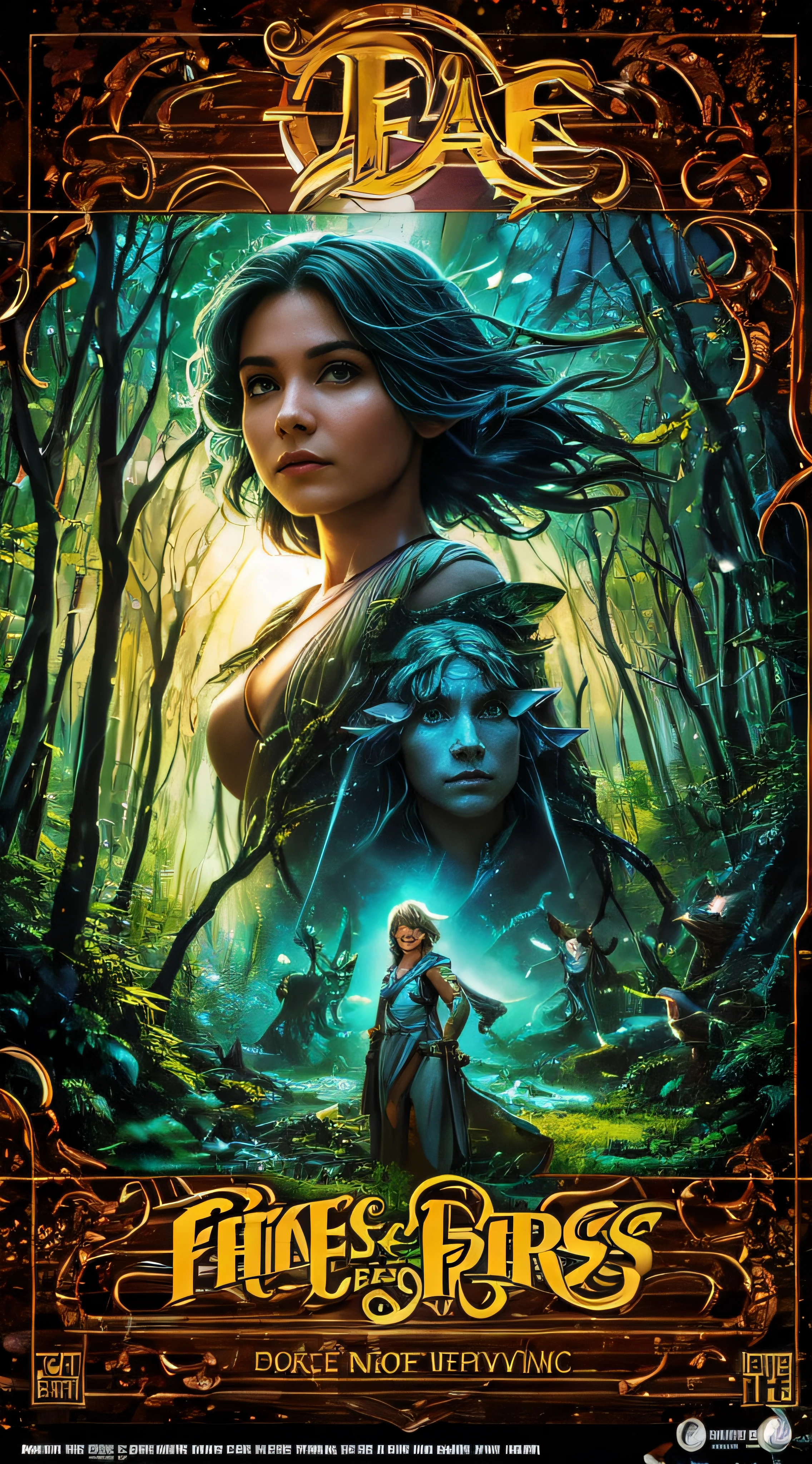 movie poster: "Faërie: the beings of nature" (best quality, 4k, 8k, highres, masterpiece: 1.2) ultra-detailed, (realistic, photorealistic, photo-realistic: 1.37), fairies, elf, in a fantasy forest, bold colors, title in bold and vibrant text, catchy headline, atmospheric lighting, detailed background.