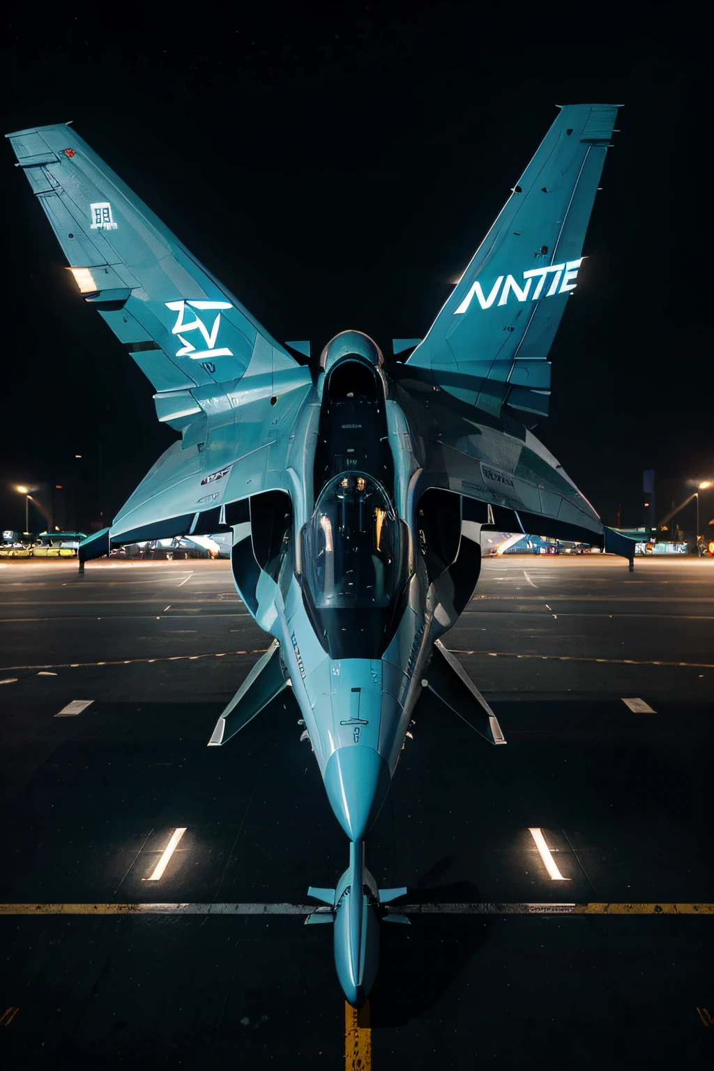 Amidst a night scene plunged into deep urban darkness, the F-16 plane, now metamorphosed into a cybernetic icon, appears as a high-tech masterpiece. Its fuselage is covered in a shiny metallic surface, where elegant lines and aggressive curves intertwine in a perfect fusion of form and function.
The wings, long and slender, appear to have been sculpted with surgical precision, standing out against the dark background of the city with their edges illuminated by a neon blue light. These wings have geometric grooves that seem inspired by cyberpunk aesthetics, giving the plane a futuristic and lethal appearance.
Behind the cockpit, a series of LED panels display vital information, emitting a cool blue light that stands out against the nighttime surroundings. The glass cabin, covered with a reflective film, reflects the glow of city lights, creating an ever-changing neon mirage on the surface.
The F-16's engines have been enhanced with cybernetic detail, with sinuous tubes and ducts that appear to radiate a digital aura. A bluish mist of vapor emerges from the air intakes, as if the plane is charged with electrical energy ready to be released.
On the tail of the plane, an LED emblem emits a futuristic logo, incorporating geometric symbols and patterns. This cyberpunk F-16 is the embodiment of the marriage of technological elegance and dystopian style, representing the vision of a bold and electrifying future.