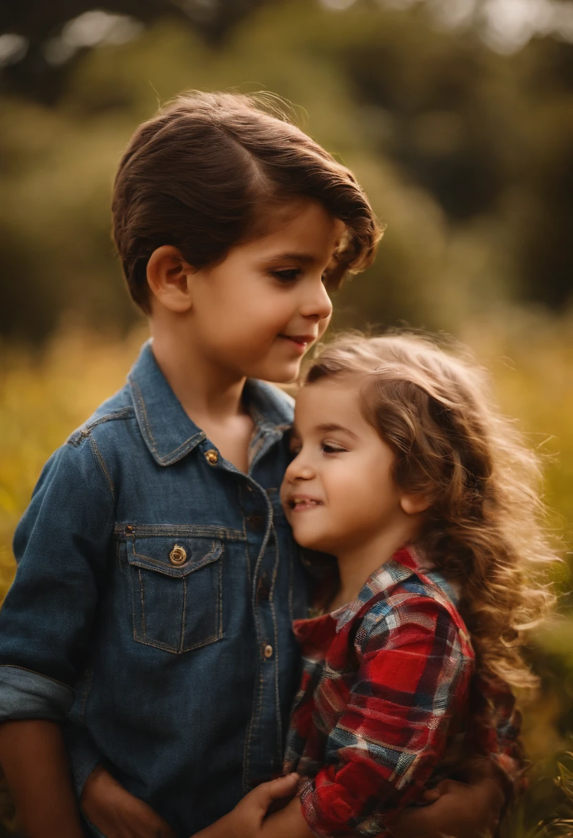 : Miguel, aproximadamente 5 anos de idade, cabelo curto estilo Disney, olhos castanhos e sorrisos. garota: Giovana, 2 anos, longos cabelos pretos e olhos azuis. scenecy: Miguel and Giovana are in a cozy little house in the valley, ao fundo um dia ensolarado, Destacando o Sol.