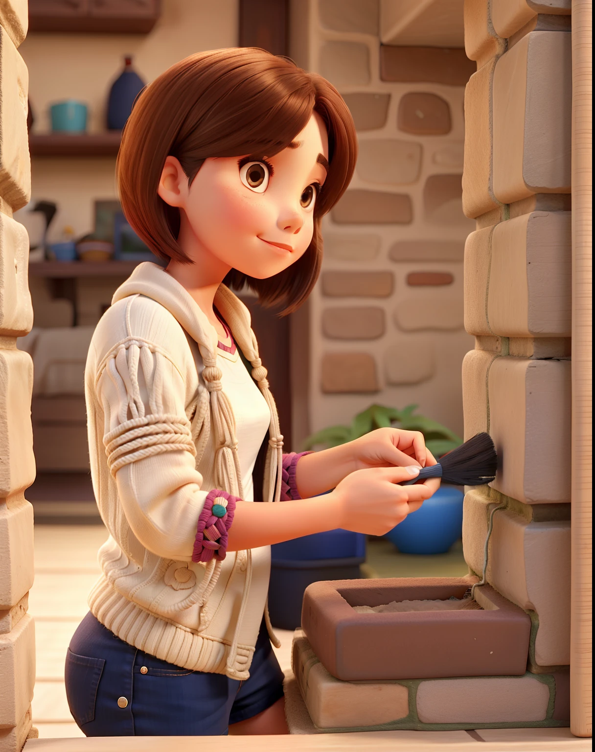 A short straight hair girl doing macrame