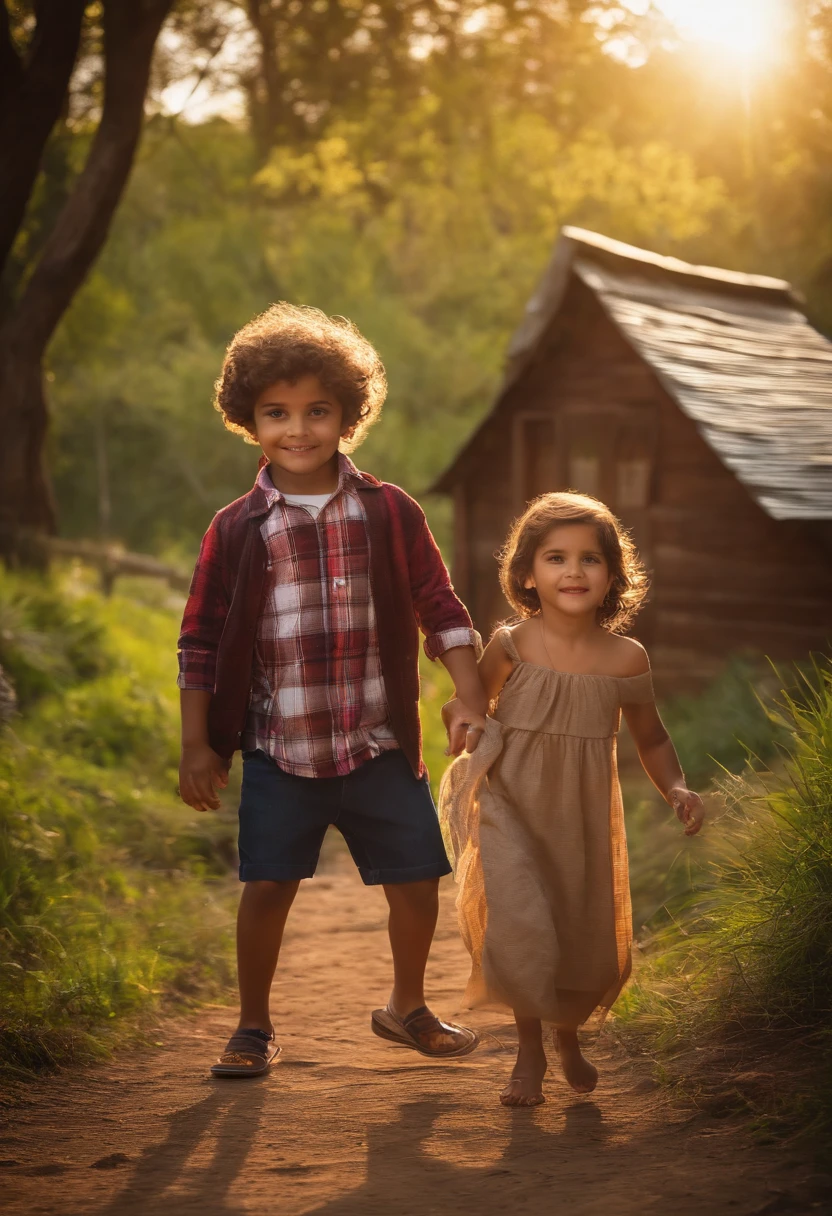 menino: Miguel, aproximadamente 5 anos de idade, cabelo curto estilo Disney, olhos castanhos e sorrisos. garota: Giovana, 8 anos, longos cabelos pretos e olhos castanhos. scenecy: Miguel and Giovana are in a cozy little house in the valley, ao fundo um dia ensolarado, Destacando o Sol.