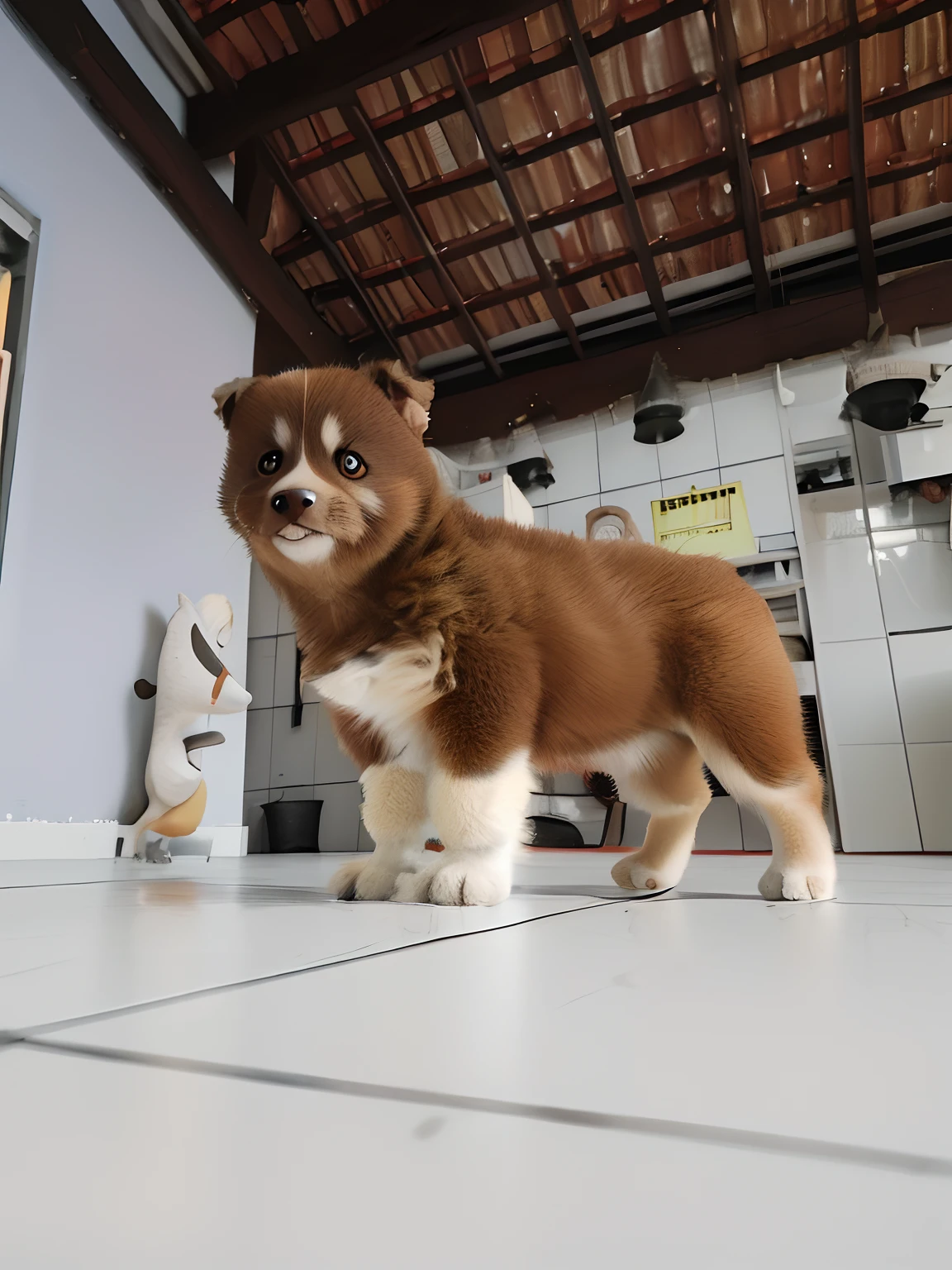 There is a small brown and white dog standing on a tiled floor, puppy, Tomado com Sony Alpha 9, Dog cute, Directed by: Bernardino Mei, Filhotes vermelhos, extremamente bonito, Shibu Inu, Mistura Pomeriana, super fofo, muito fofo, super cute and friendly, cute single animal, Pose frontal, 2 anos, taken with sony a7r camera