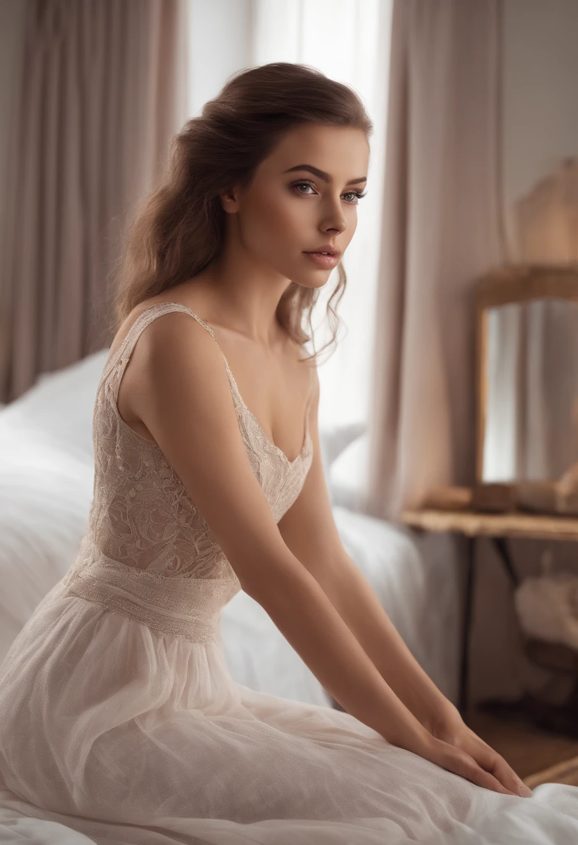 arafed woman fully , sexy girl with brown eyes, ultra realistic, meticulously detailed, portrait sophie mudd, brown hair and large eyes, selfie of a young woman, bedroom eyes, violet myers, without makeup, natural makeup, looking directly at the camera, face with artgram, subtle makeup, stunning full body shot kneeling on bed, in bedroom, medium to large size bust