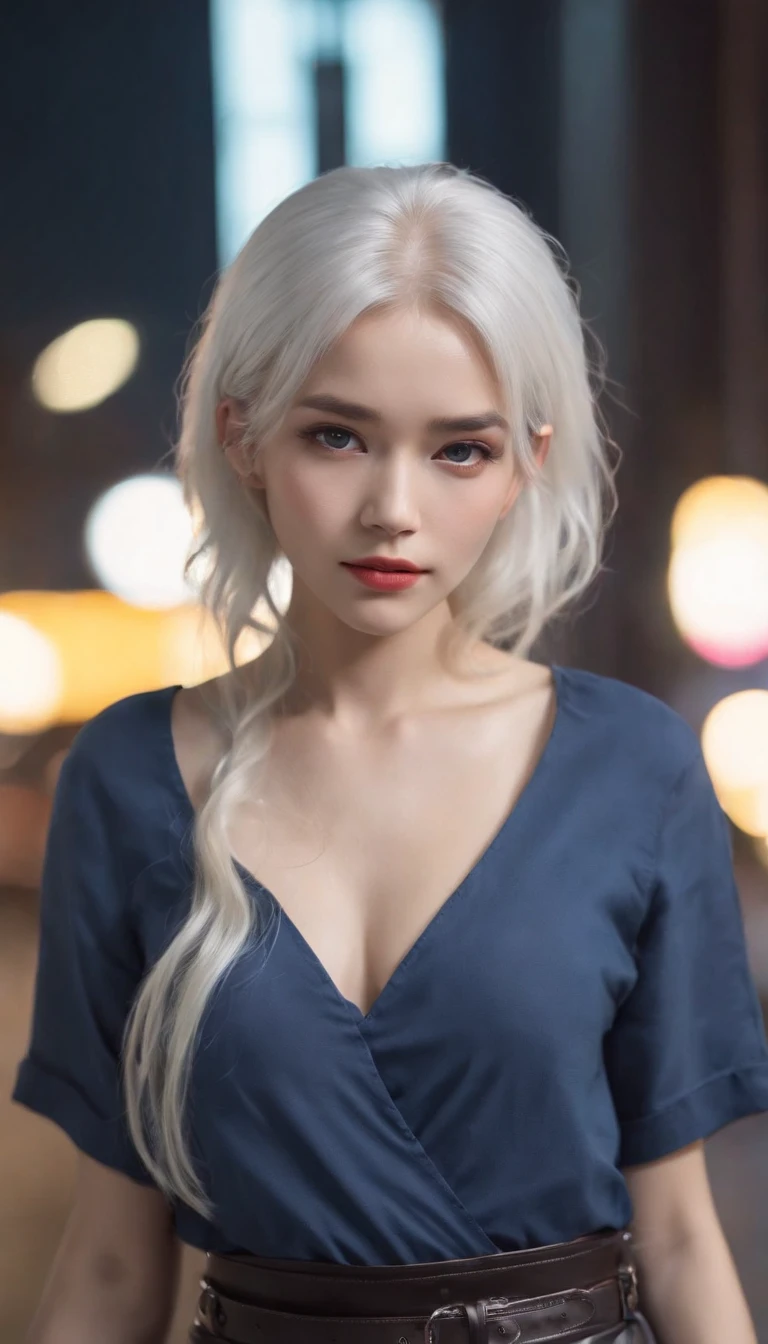(8K, Photo Raw, Master Parts:1.3), (Realistic, Photorealsitic:1.37), (natta), (look at viewr:1.331), (white hair), the pose, on tokyo street, city night scene, cyberpunkcity, Soft light, 1girl in, extremely beautiful face, busts, put down hands, Hairstyle Random, Random expression, big eye, lower abdom, (shortsleeves .nffsw_The shirt), nffsw_styles, (Dark Blue Ticker_skirt by the), (Alco-Ticker_tie), Mystula 4., Best Quality