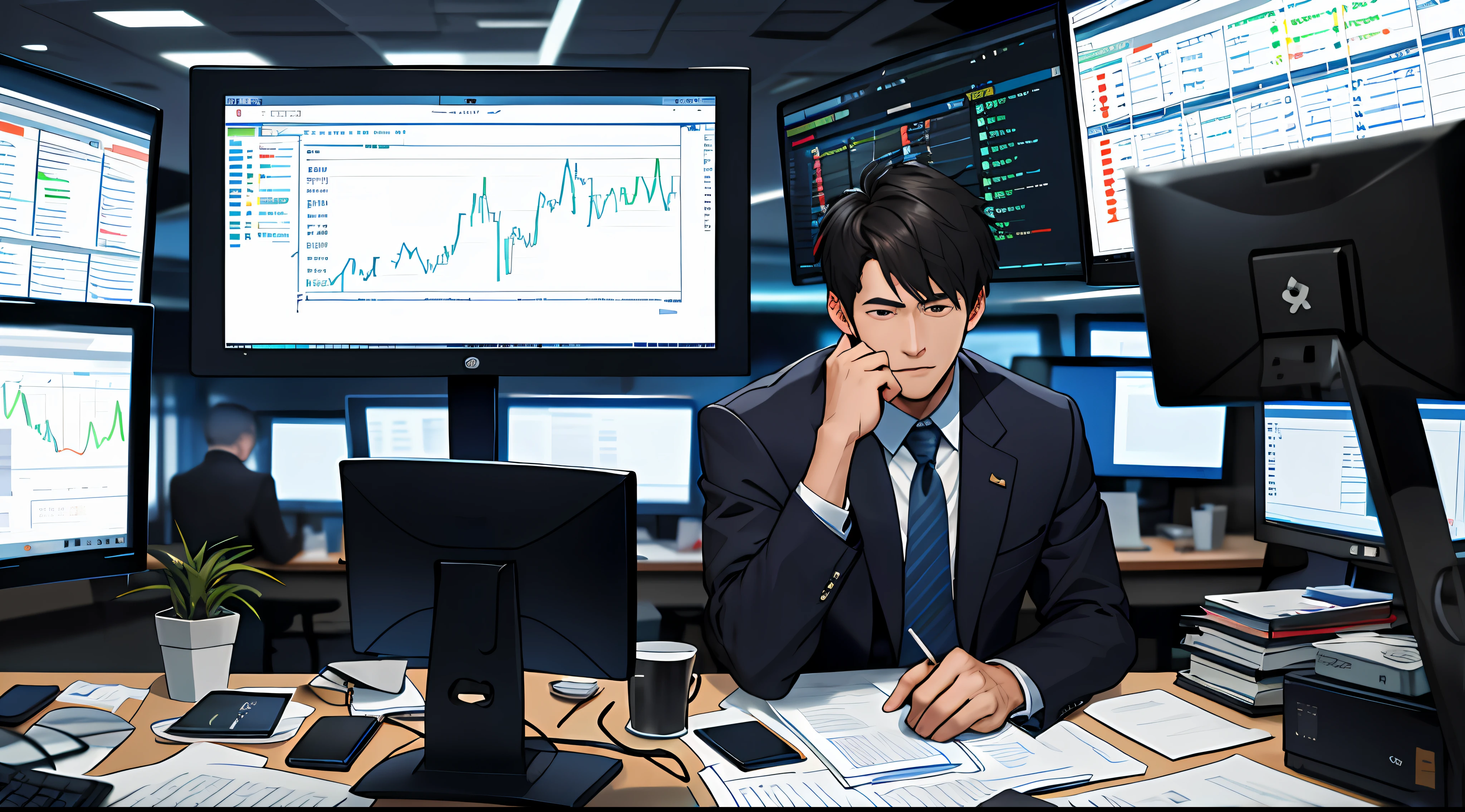 A dedicated trader is immersed in their office, engrossed in the intricacies of the financial market. Seated in a comfortable chair, they are surrounded by a setup of multiple computer screens, displaying real-time stock charts, quotes, and financial indicators. Their face reflects intense concentration as their eyes analyze every market move. Dressed in a sharp suit and impeccable tie, they exude unwavering confidence in their craft. The environment is filled with the vibrant energy of the trading floor, with voices echoing and the constant sound of keyboards being pressed. Their desk is cluttered with notes, reports, and meticulously planned strategies, bearing witness to their dedication and deep knowledge of the market. The trader makes quick and calculated decisions, seizing profit opportunities and managing risks with prudence. The tension and pressure are counterbalanced by a sense of healthy competition and a resilient spirit. The office is an atmosphere of continuous learning and adaptation, where the trader seeks a competitive edge to achieve financial success. The trader's passion and determination are evident in their resolute posture as they skillfully navigate the ups and downs of the market, aiming to reap the rewards of their astute analysis and well-founded decisions