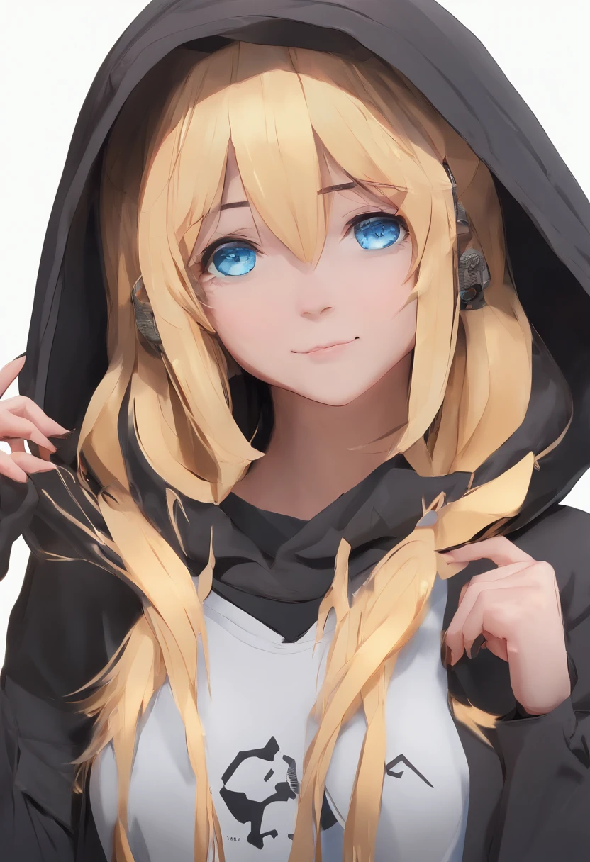 a woman with blonde hair and blue eyes wearing a black shirt, an anime drawing by Ei-Q, pixiv, auto-destructive art, in a black hoodie, anime girl wearing a black dress, emo anime girl, ecchi anime style, misa amane *, in a hoodie, an anime girl, anime girl, unknown artstyle, anime skull portrait woman