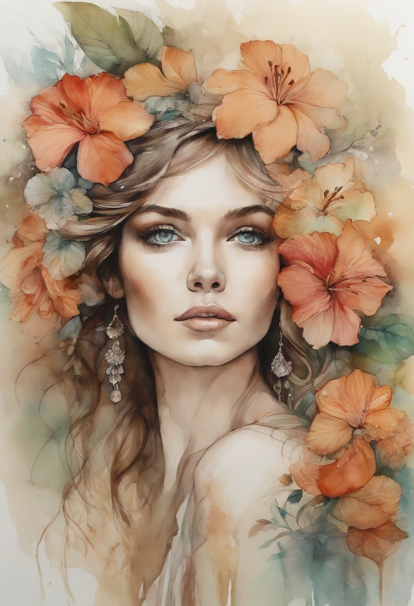 hawaiana Muestra la cabeza llena de un retrato extremadamente detallado con flores en el cabello en un boceto coloreado con acuarela, Ojos extremadamente detallados, Hermosos ojos, Imagen completamente centrada, Espacio en blanco que rodea el dibujo, Focus on facial lines, Acuarela goteante, contornos de tinta, Arte de Carne Griffiths mezclado con Alfonso Mucha, 32k resolution, La mejor calidad posible, Like a doll