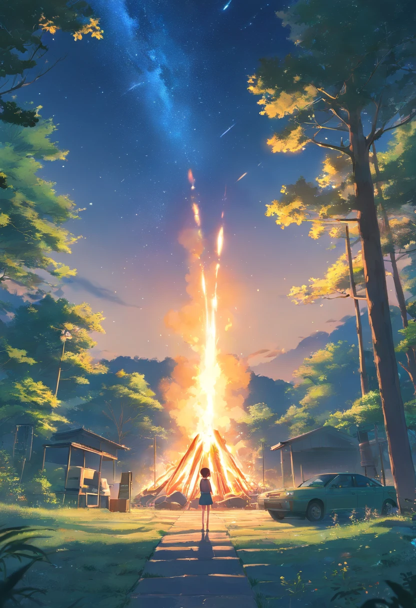 Landscape, 夏天, Noite, Floresta, Bonfire in one place, unmanned, Nobodies, Starry sky, Detalhe HD, ultra detalhe, Film, hiper realismo, luz suave, Foco Profundo Bokeh, ray tracing, hiper realismo. , Pixiv Gwise Art Station, Makoto Shinkai, germe da arte