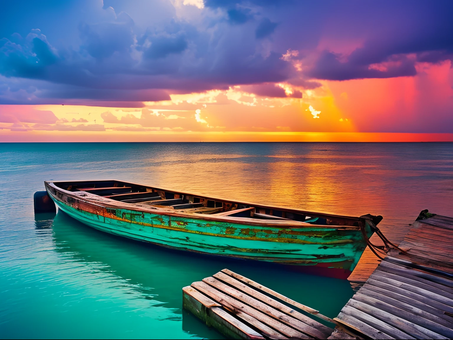 [Diagonal shot], [Old fishing boat], [moored at a dock], with pristine and serene waters, [sunrise], stormy weather, [eye view angle], Lomography Color 100, analog camera, saturated colors