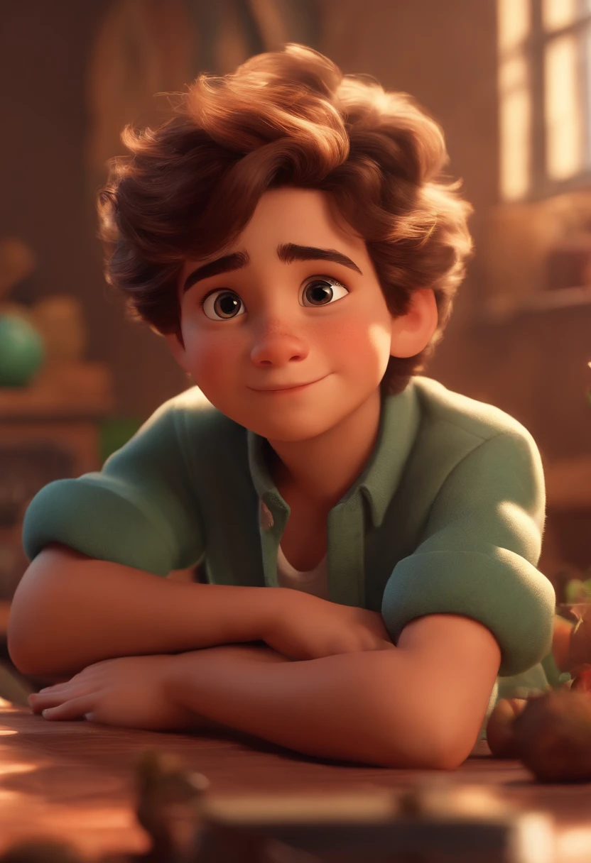 Image of a boy for a story in a YouTube video in Pixar format, He's the allabester, He's the class leader, He's outgoing, Playful and gets up for a lot of things, cabelo curto
