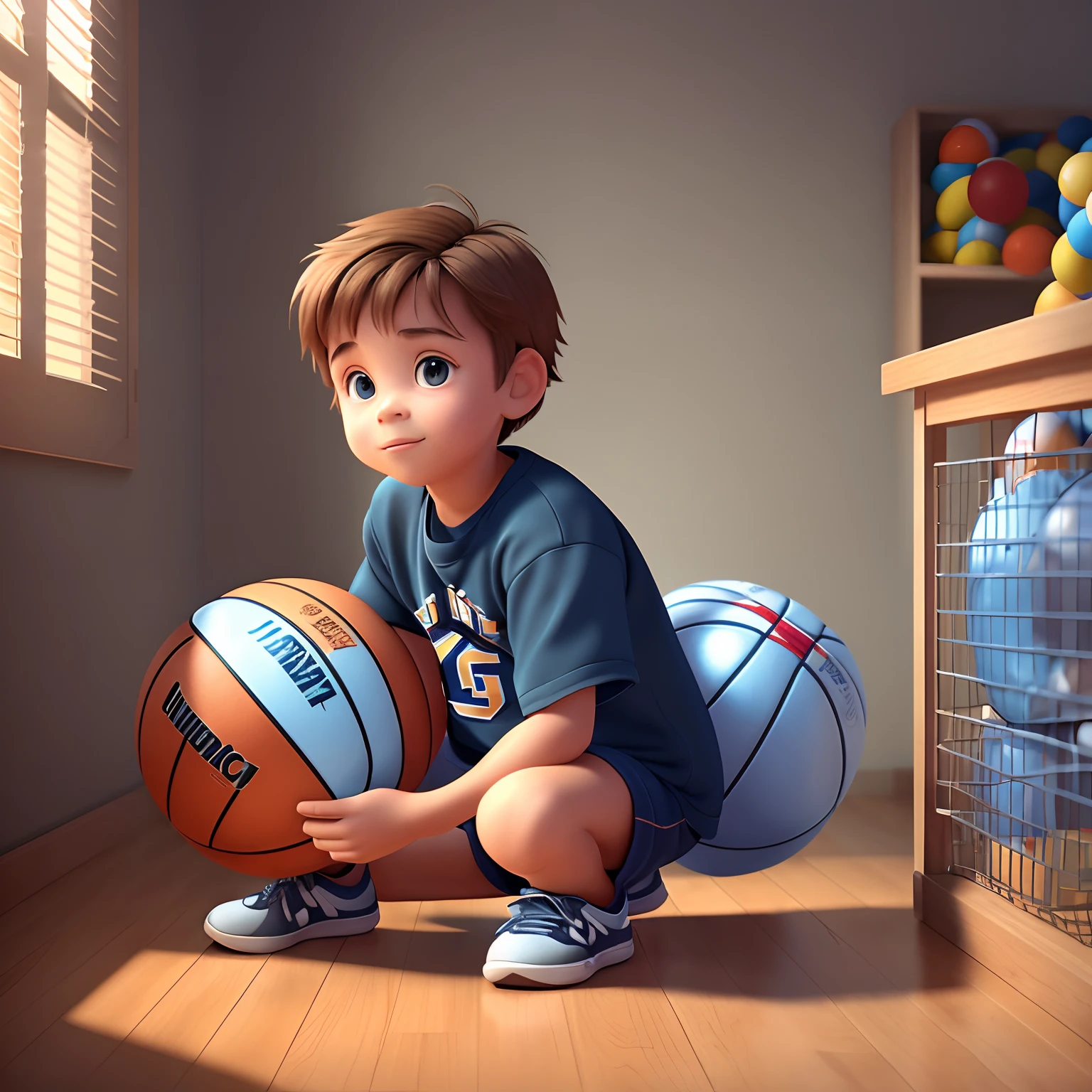 boy seen from the front sitting in the room, surrounded by many basketballs, Pixar style, 3D style, Disney style, 8k, cute