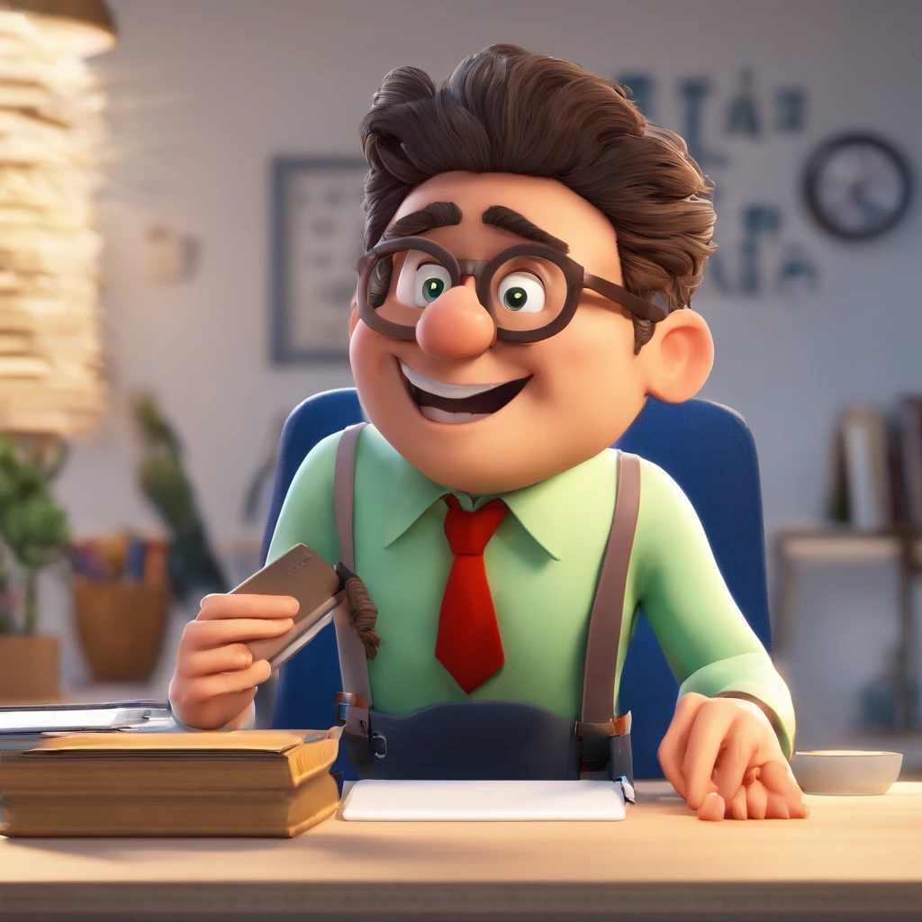 Crie um cartaz inspirado na Disney Pixar com o personagem sendo um homem, com oculos de aro preto, cabelos curtos e grisalhos, com barba levemente grisalha , nariz pequeno, slightly athletic body, com camisa branca, blue jeans, tenis branco,sorrindo, The setting is an office room with black furniture The main character is sitting in an office chair, atras de uma grande mesa com um notebook em cima , vario livros abertos na mesa , There's a pen holder on the table and a cup of coffee