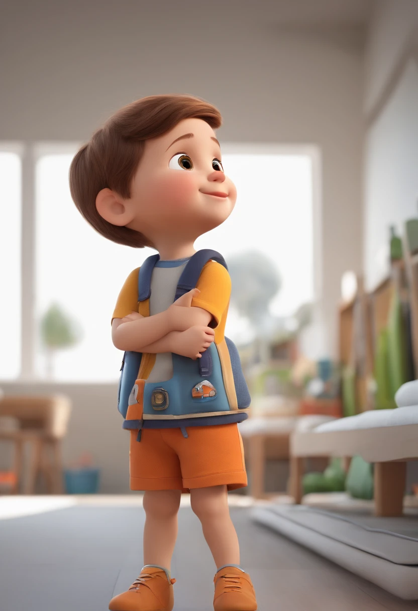 a happy cute  standing short hair, vestindo uma fantasia espacial, , fundo branco, barnet, no fundo de uma escola, Tom, Estilo Pixar, ....3d, desenhos animados, rosto detalhado, asymmetrical 16k