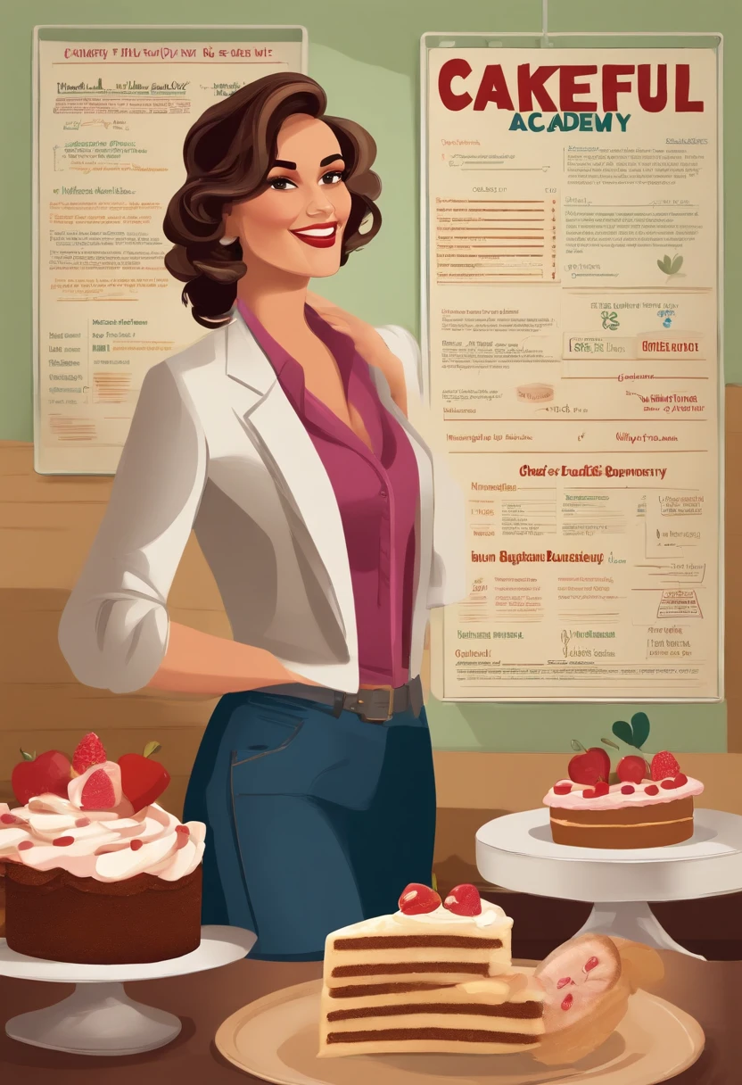 Creates a disney pixar film poster with a young woman, dark eyes and short hair, with some waves, with a blazer and jeans, she is a teacher and appears in a room with cakes, showing strategy and business graphs in a blackboard, teaching how to sell more. Include the title: Cakeful - Business Academy,