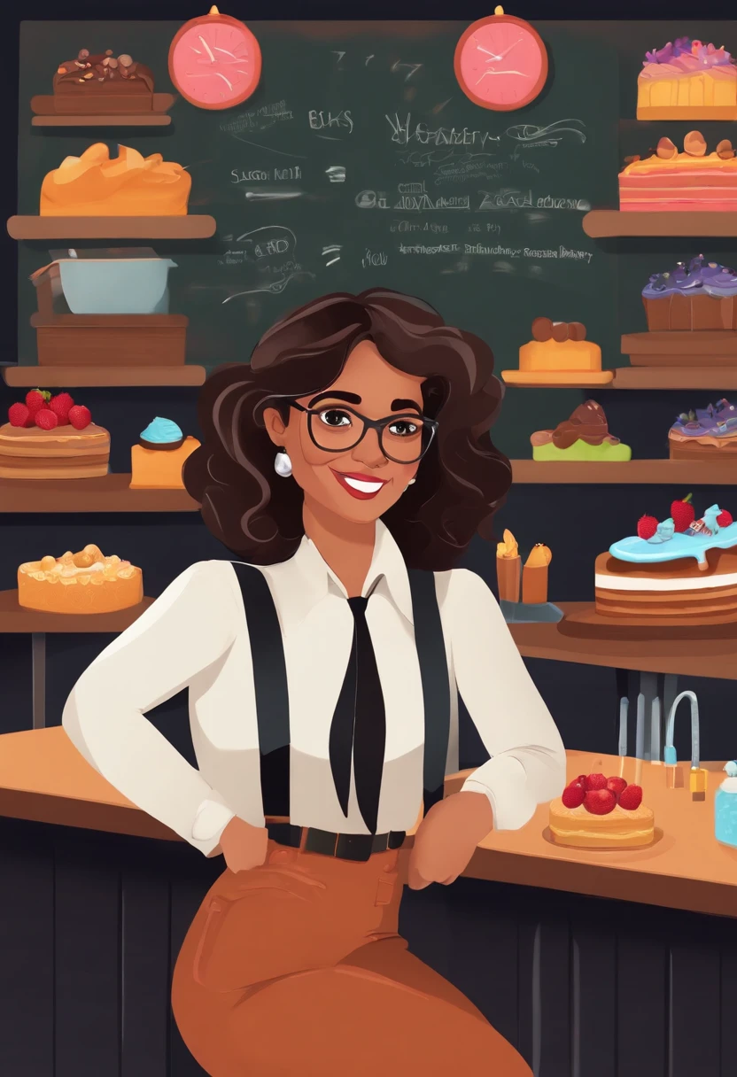 Creates a disney pixar film poster with a young woman, dark eyes and short hair, with some waves, with a blazer and jeans, she is a teacher and appears in a room with cakes, showing strategy and business graphs in a blackboard, teaching how to sell more. Include the title: Cakeful - Business Academy,