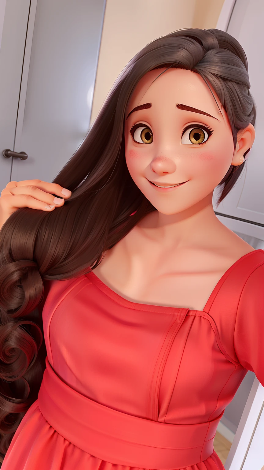 Uma menina bonita com cabelo liso longo e castanho claro, Olhos claros de vestido vermelho sorrindo