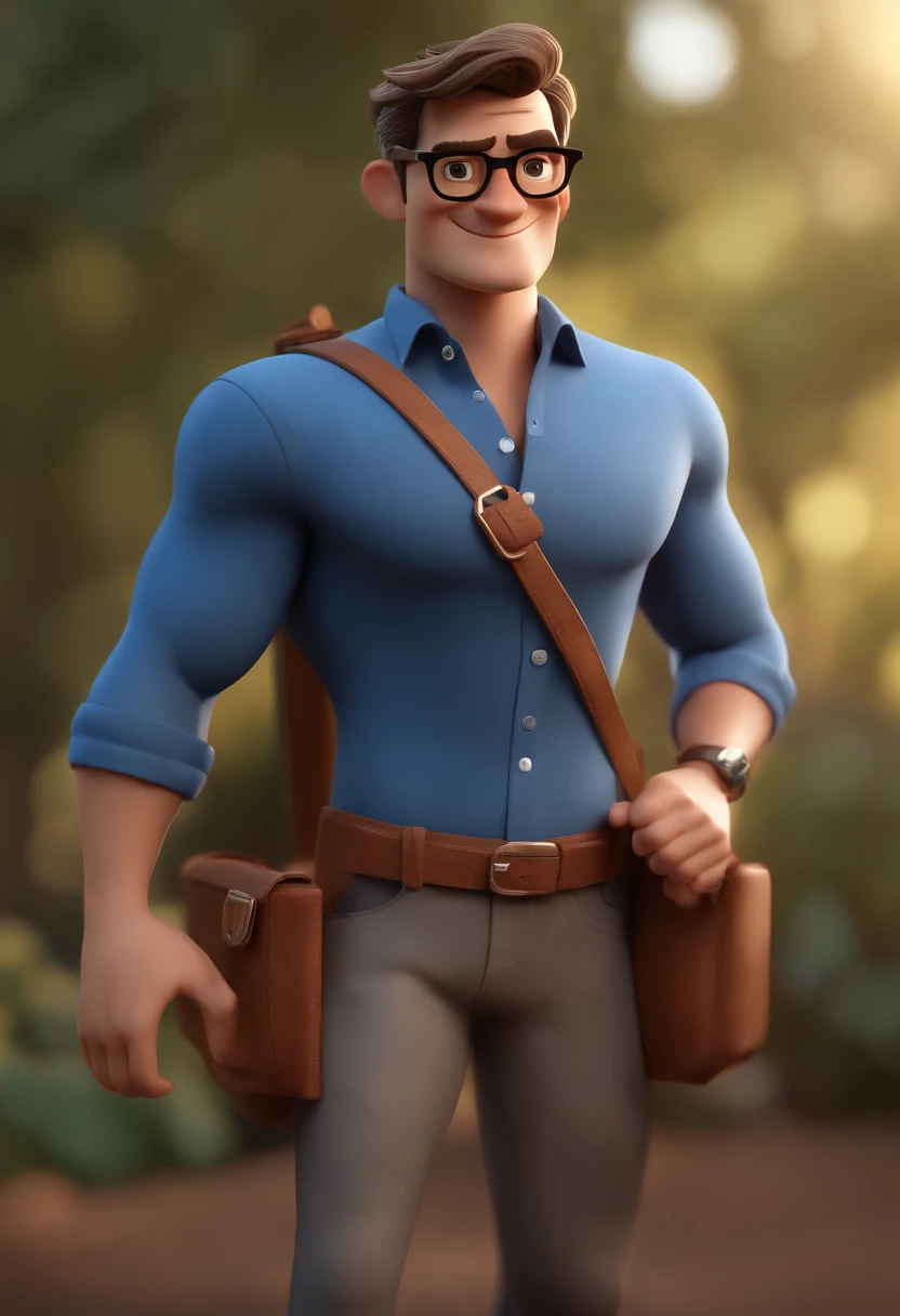 Cartoon character of a man with black glasses, cabelo cacheado marrom escuro e uma camisa azul, animation character, Caractere estilizado, animation style rendering, 3D estilizado, Arnold Maya render, 3 d render stylized, toon render keyshot, Personagem 3D, Personagem 3D, 3d rendering stylized, 3 d character render, personagem de desenho animado, Personagem de close up, Pose de personagem, (Estilo Pixar) (master part:1.2) (Bokeh) (best quality) (pele detalhada) (textura detalhada) (8k) (argila) (Cinematic lighting) (foco nítido