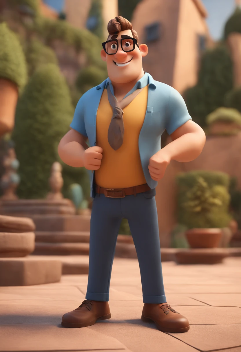 Cartoon character of a man with black glasses, cabelo cacheado marrom escuro e uma camisa azul, animation character, Caractere estilizado, animation style rendering, 3D estilizado, Arnold Maya render, 3 d render stylized, toon render keyshot, Personagem 3D, Personagem 3D, 3d rendering stylized, 3 d character render, personagem de desenho animado, Personagem de close up, Pose de personagem,  (Estilo Pixar) (master part:1.2) (Bokeh) (best quality) (pele detalhada) (textura detalhada) (8k) (argila) (Cinematic lighting) (foco nítido