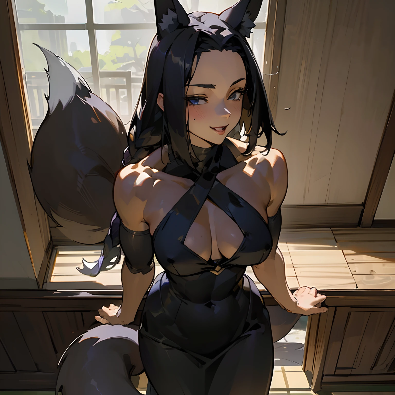 ((masterpiece)),((best quality)),extremely fine and beautiful, super fine illustration, beautiful detailed girl, supple breasts, front view, facing at viewer, ((face focus)), black hair, (Seductive:1.4), (see-through:0.4), skinny, covered, (hair covering breasts), ((black hair)), (very long hair), (fox ears), blue eyes, profile, bare shoulders, black halter dress, (((dark voluminous fox tail))), (medium-large breasts), (plump thighs:0.9), (((muscular))), (wide hips:0.9), bright smile, movie lighting, perfect shadow, realistic lighting shaded, 1 girl, black hair, leaning forward, long hair, straight hair, blue eyes, parted lips, cute, sweet, light smile, opened mouth, indoors, Japanese shrine, tatami, outdoor corridor, pond