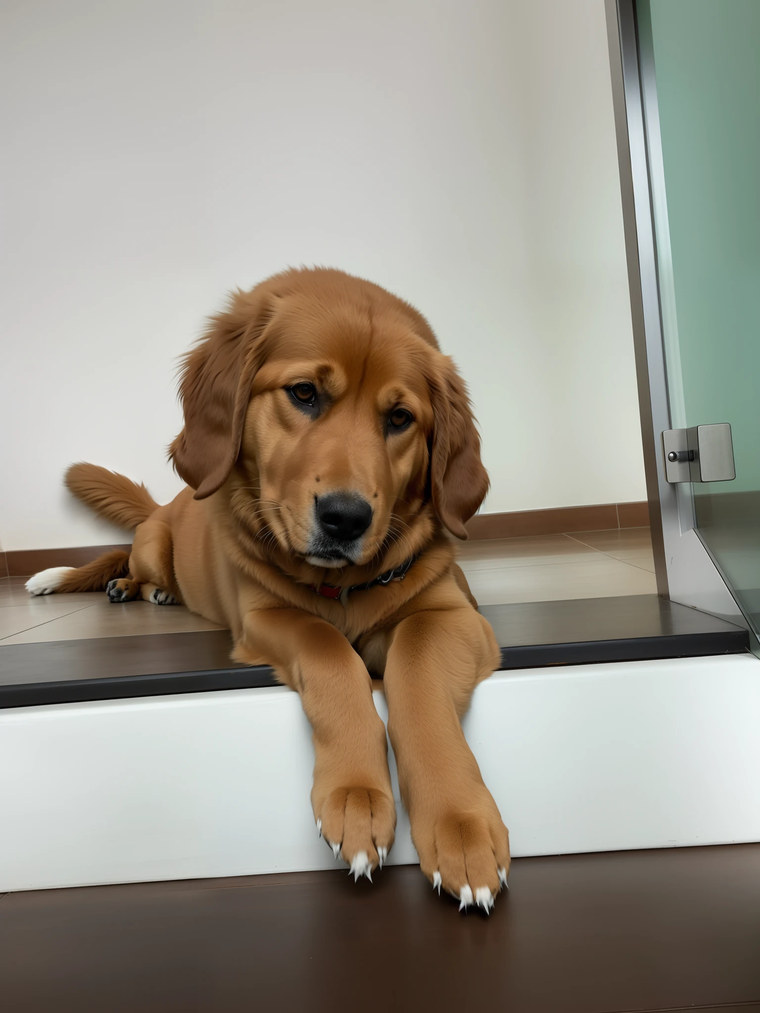 There's a dog that's lying on the stairs, Retriever dourado, Tomado com Sony Alpha 9, he is very relaxed, cheio de camadas douradas, taken with sony a7r camera, altamente relaxado, parecendo cansado, Tomada com Canon 8 0 D, ligeiramente dourado, relaxing after a hard day, olhando de lado, Absorto em pensamentos, muitas camadas douradas