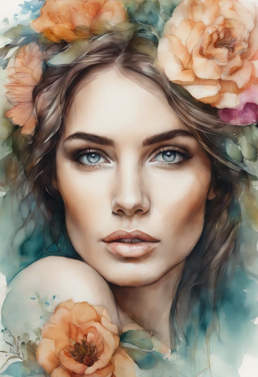 hawaiiana morena Muestra la cabeza llena de un retrato extremadamente detallado con flores en el cabello en un boceto coloreado con acuarela, Ojos extremadamente detallados, Hermosos ojos, Imagen completamente centrada, Espacio en blanco que rodea el dibujo, Focus on facial lines, Acuarela goteante, contornos de tinta, Arte de Carne Griffiths mezclado con Alfonso Mucha, 32k resolution, La mejor calidad posible, Like a doll