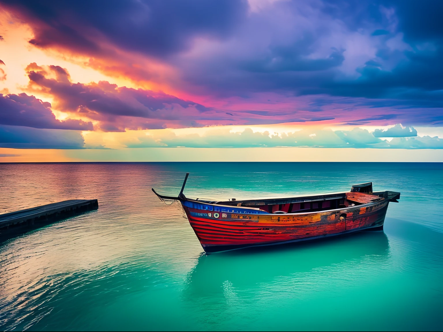 [Diagonal shot], [Old fishing boat], [moored at a dock], with pristine and serene waters, [sunrise], stormy weather, [eye view angle], Lomography Color 100, analog camera, saturated colors