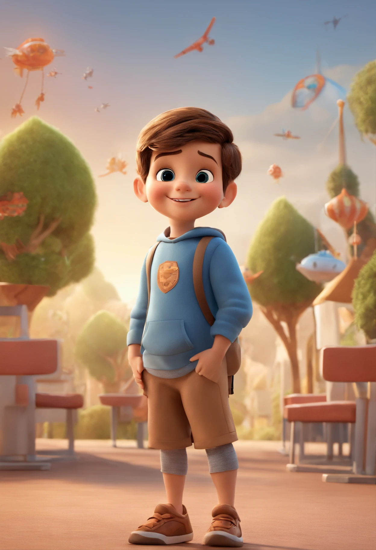 a happy cute ??? standing short hair, vestindo uma fantasia espacial, , fundo branco, barnet, no fundo de uma escola, Tom, Estilo Pixar, ....3d, desenhos animados, rosto detalhado, asymmetrical 16k