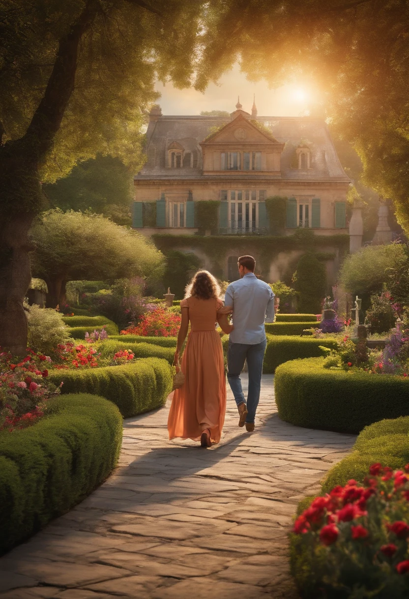 Image of a square with a family strolling with a beautiful garden around melancholic environment