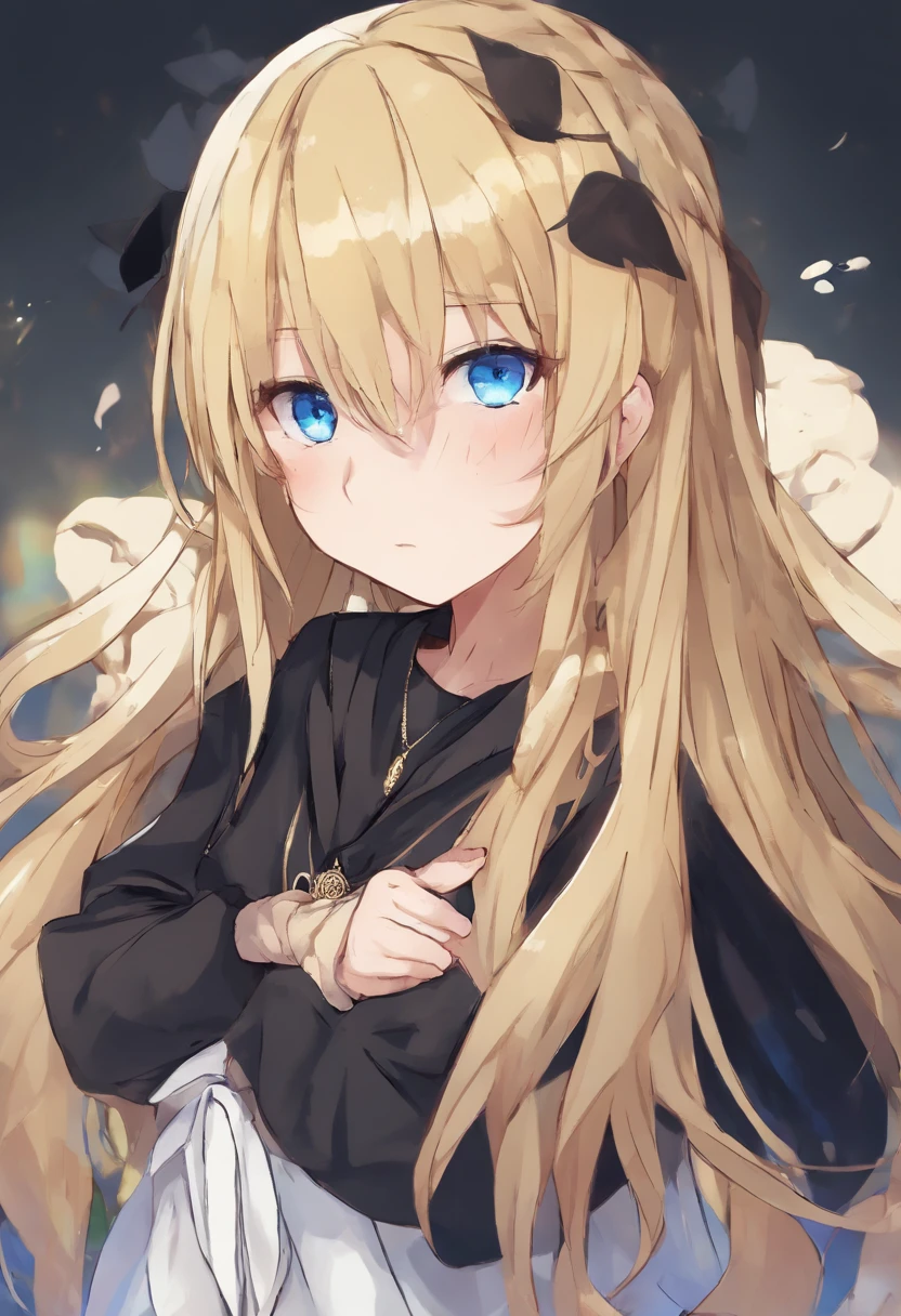 a woman with blonde hair and blue eyes wearing a black shirt, an anime drawing by Ei-Q, pixiv, auto-destructive art, in a black hoodie, anime girl wearing a black dress, emo anime girl, ecchi anime style, misa amane *, in a hoodie, an anime girl, anime girl, unknown artstyle, anime skull portrait woman