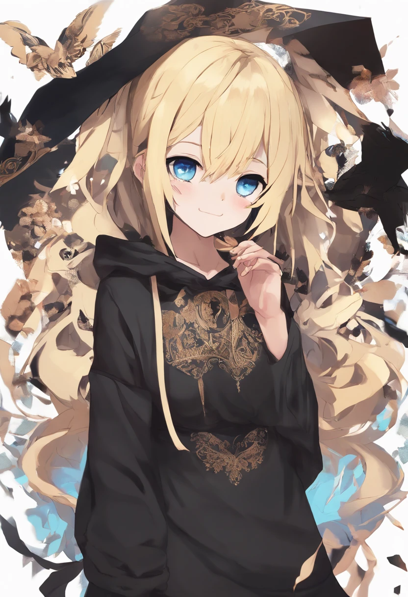 a woman with blonde hair and blue eyes wearing a black shirt, an anime drawing by Ei-Q, pixiv, auto-destructive art, in a black hoodie, anime girl wearing a black dress, emo anime girl, ecchi anime style, misa amane *, in a hoodie, an anime girl, anime girl, unknown artstyle, anime skull portrait woman