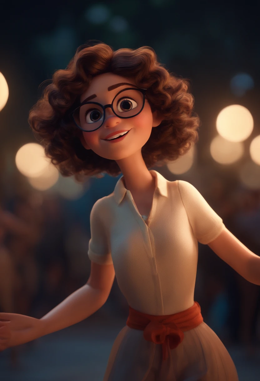 Pixar style image with 3D character white glasses brunette woman short curly hair dancing, Maquiagem Disney,Pescador, bonitinho, sorridente ,Close-up, Pixar, Disney, Cinema lighting,