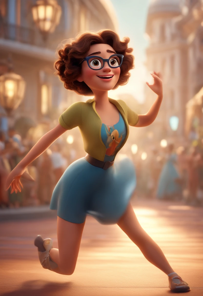 Pixar style image with 3D character white glasses brunette woman short curly hair dancing, Maquiagem Disney,Pescador, bonitinho, sorridente ,Close-up, Pixar, Disney, Cinema lighting,